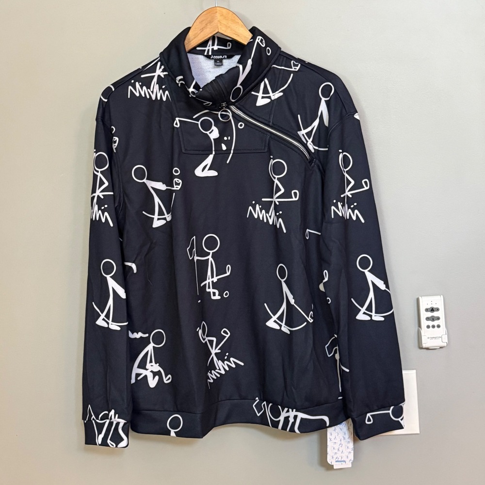ACEGOLFS Womens Black Stick Figure Golf Print 1/4 Zip Long Sleeve Top XL